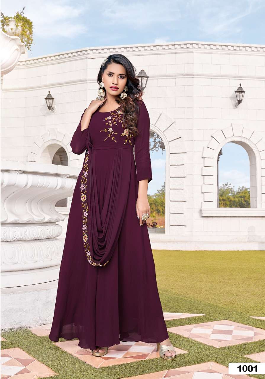 RETRO VOL 1 BY S3FOREVER BRAND FABRIC GORGETTE HANDWORK LONG GOWN KURTI WITH INNER WHOLESALER AND DEALER